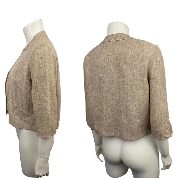 1960s Beige Linen Crop Jacket Top Three Quarter Sleeve / Women’s Small * - Picture 3 of 4